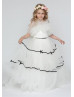 Ivory Black Stripe Ruffle Tulle Illusion Pearl Buttons Back Flower Girl Dress